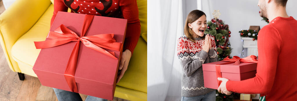 Collage eines zufriedenen Mannes im roten Pullover mit eingewickeltem Weihnachtsgeschenk neben aufgeregter Ehefrau - Foto, Bild