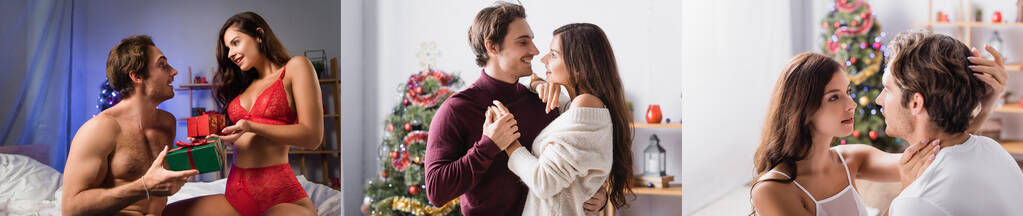 colagem de homem e mulher em suéteres abraçando perto de árvore de natal decorada e casal sexy trocando presentes, banner - Foto, Imagem