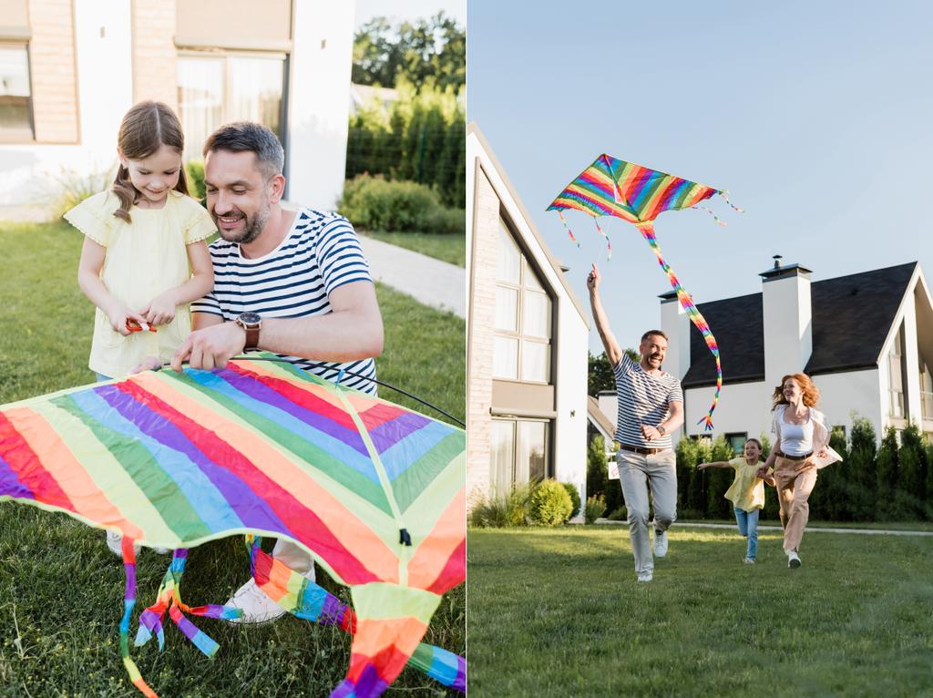 Kolaż córki z ojcem montaż latawca i bieganie z matką, podczas gdy tata latawca na trawniku w pobliżu domów - Zdjęcie, obraz