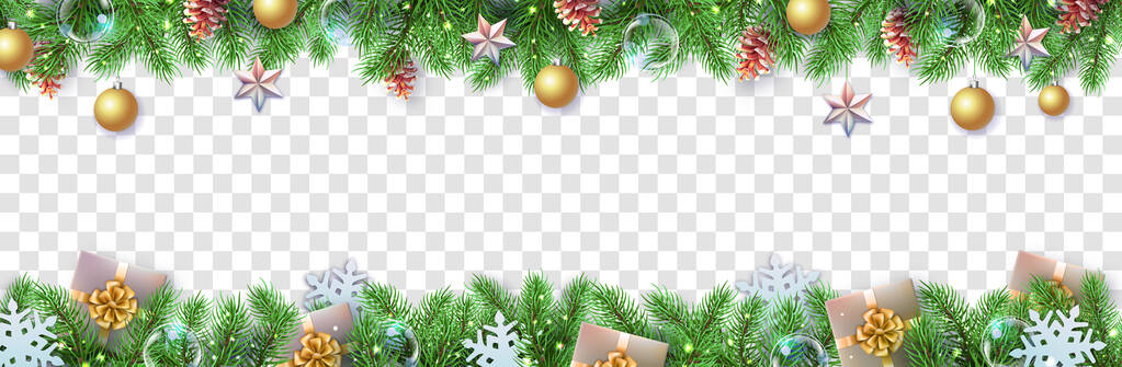Merry Christmas and Happy New Year greeting card. Christmas holiday fir tree, snowflakes, glass balls, pine cones and star on transparent background - Vector, Image