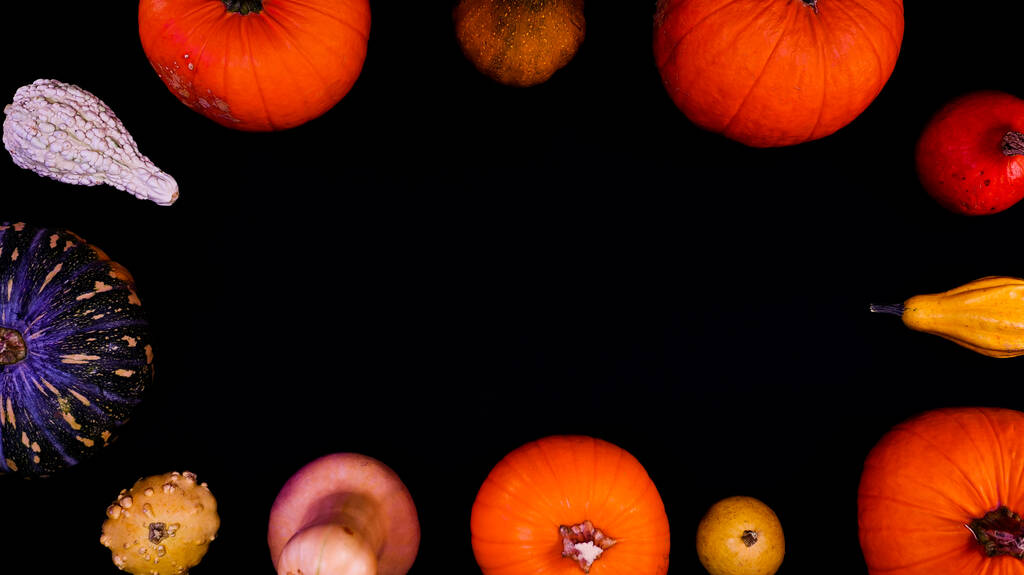 Pompoen herfst halloween scenery tafel bovenaanzicht, op een zwarte achtergrond. Bovenaanzicht met geïsoleerde verschillende soorten pompoenen. Halloween, herfst of Thanksgiving scene. Behang met Teksthouder - Foto, afbeelding
