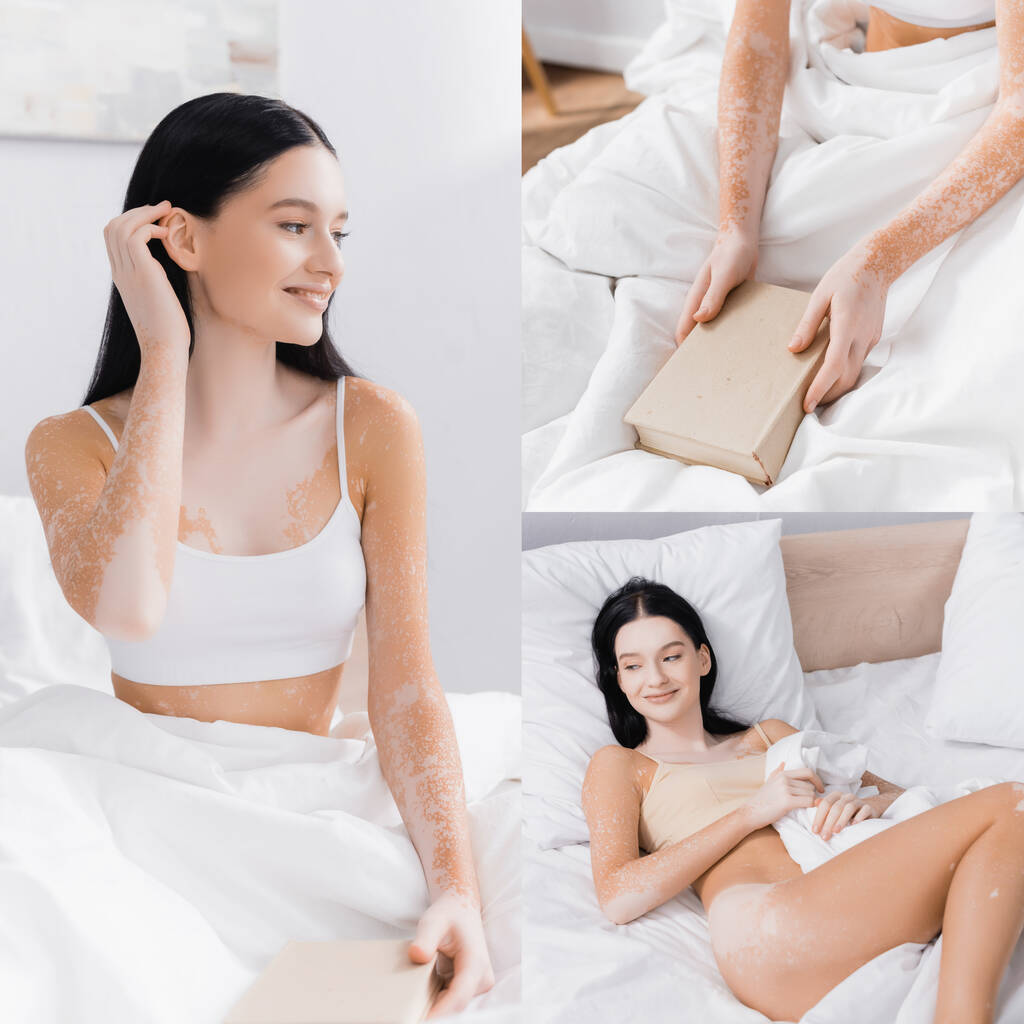 κολάζ της χαρούμενης γυναίκας με λεύκη ξαπλωμένη στο κρεβάτι και κρατώντας το βιβλίο - Φωτογραφία, εικόνα