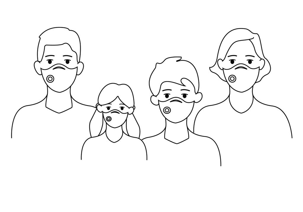 vektor s ilustrativní rodinou v lékařských maskách na bílém, koronavirus koncept - Vektor, obrázek