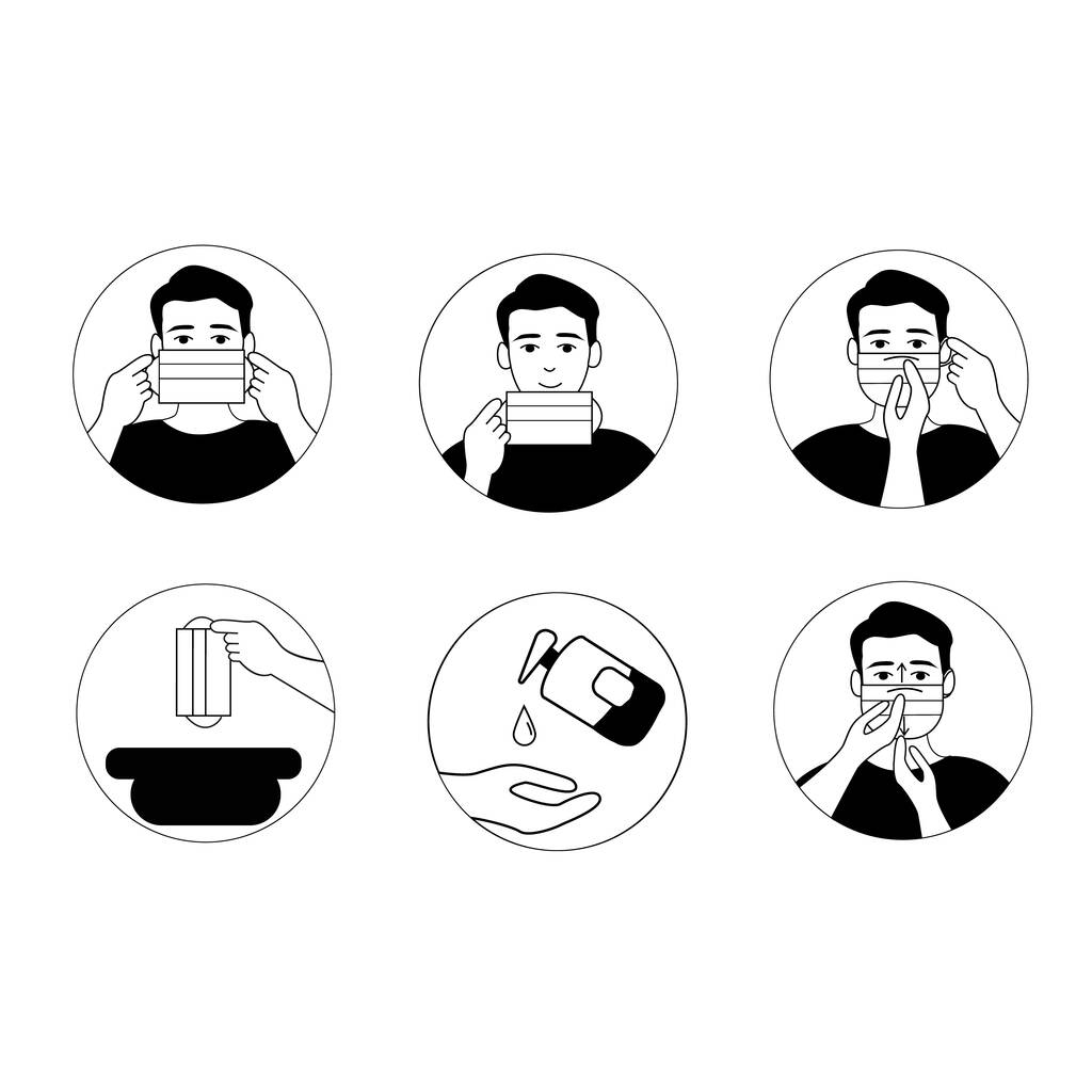 vektorové koronavirové ikony s ilustrativní osobou, která nosí lékařskou masku a používá dezinfekční prostředky na bílém - Vektor, obrázek