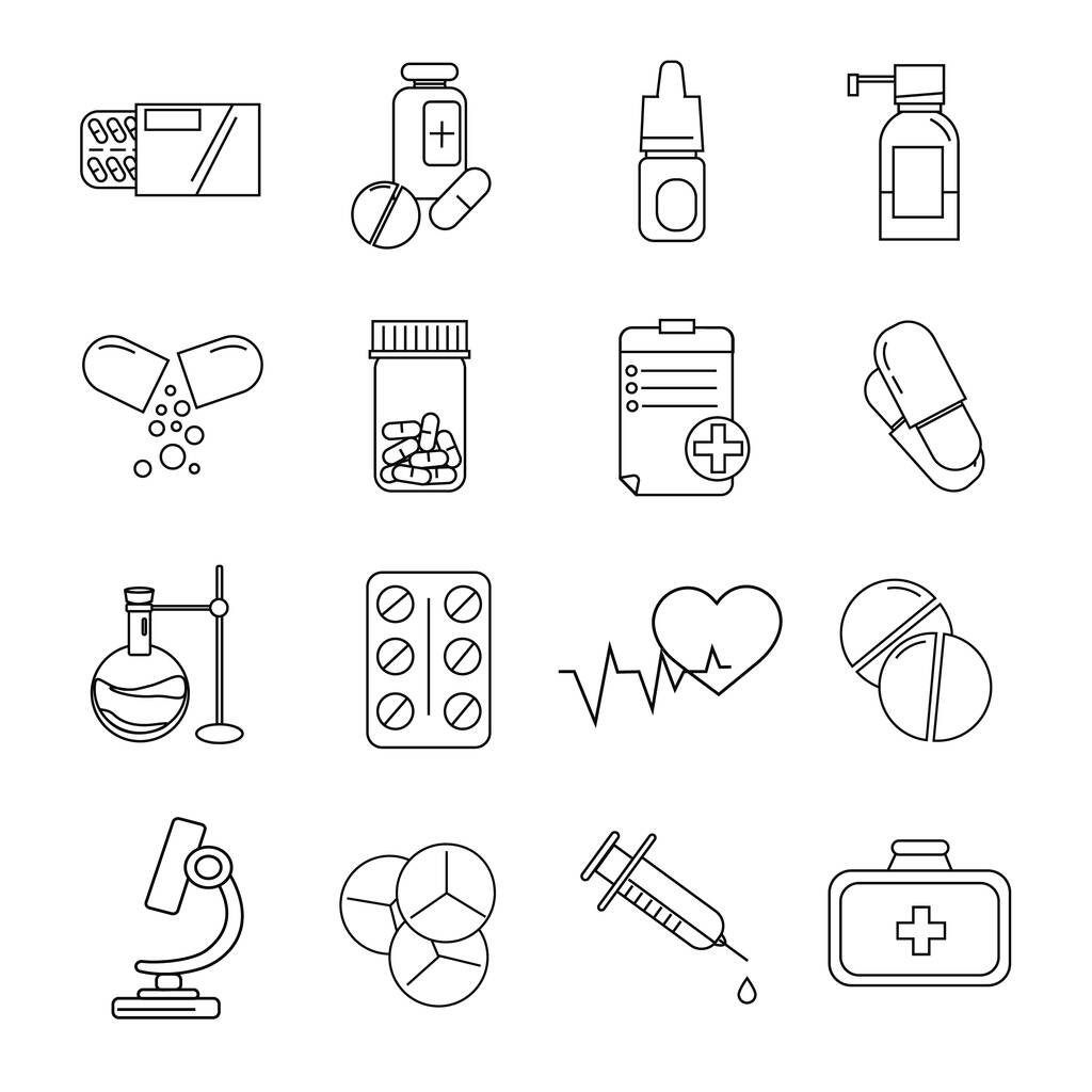 vektorové koronavirové ikony s pilulkami a léky na bílém - Vektor, obrázek