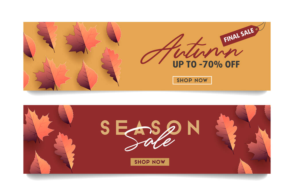 Dos variantes de la plantilla de folleto con hojas de otoño de temporada ilustración fondo y caligrafía texto promocional con descuentos - Vector, Imagen