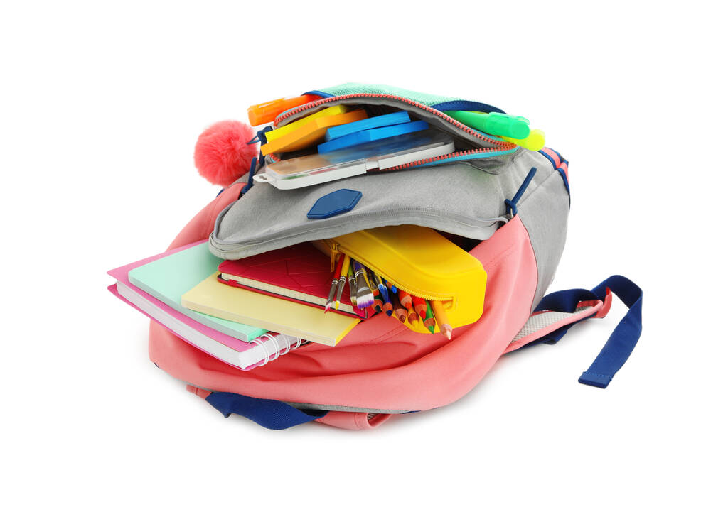 Backpack with school stationery on white background - Photo, Image
