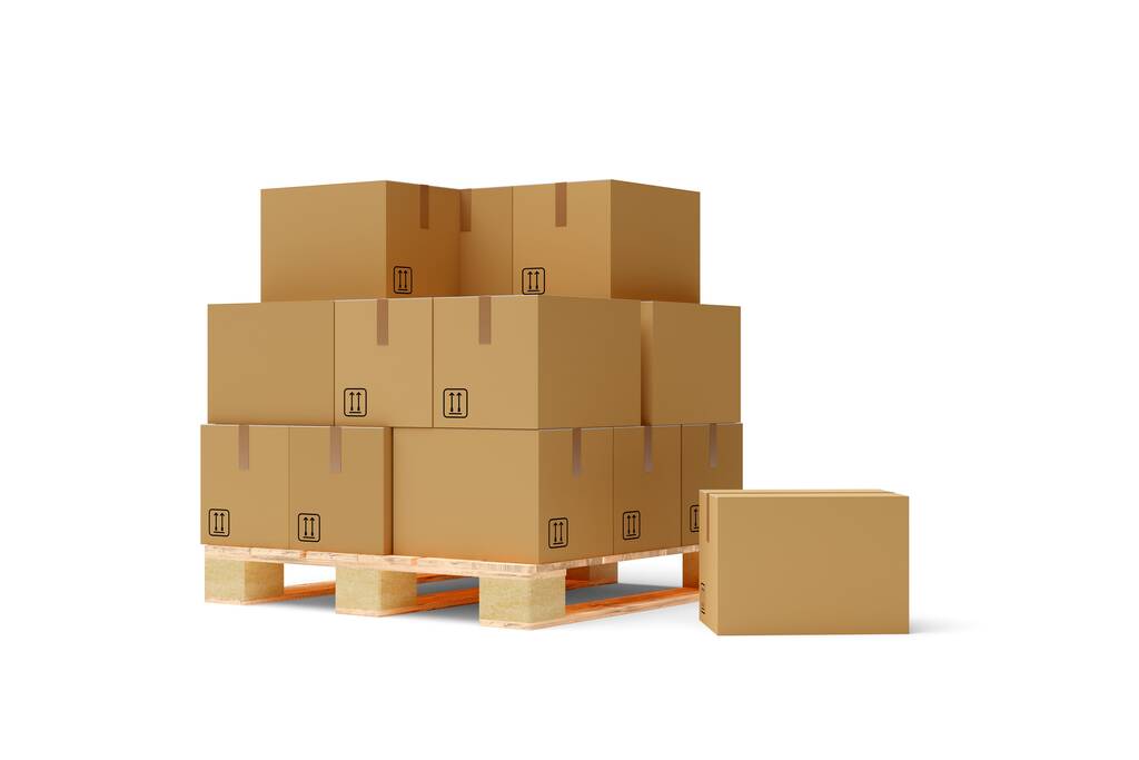 cumulo di scatole di cartone su pallet di legno su sfondo bianco, merci, carico, consegna o concetto di stoccaggio, illustrazione 3D - Foto, immagini