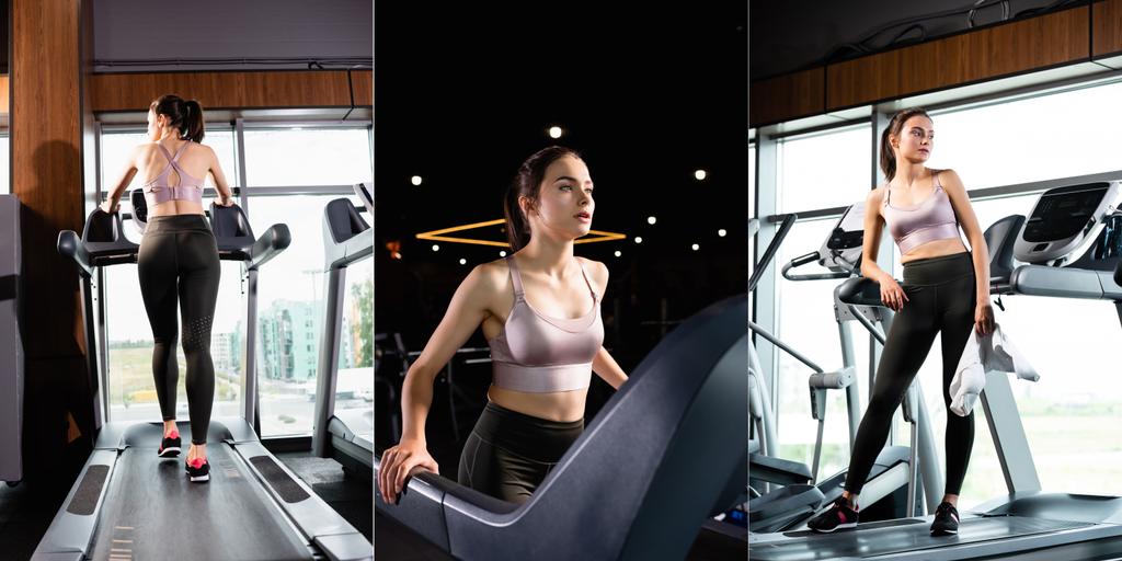 collage of young sportswoman running on treadmill and standing with towel, banner - Photo, Image