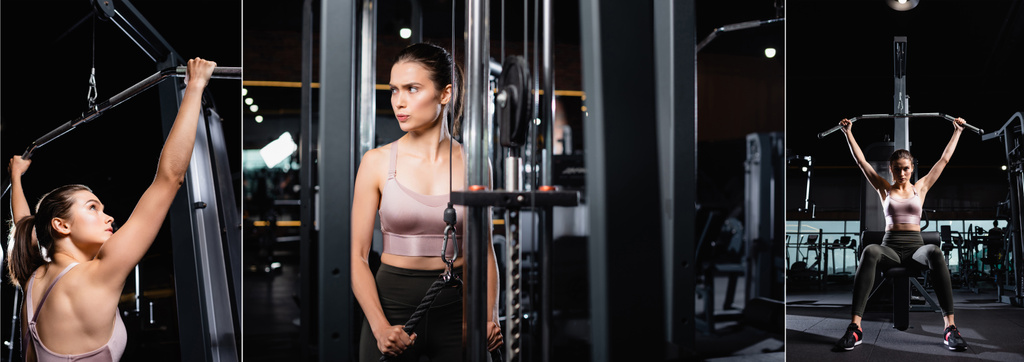 kollázs dühös sportnő néz félre edzés közben triceps, és gyakorló latgép tornaterem, banner - Fotó, kép