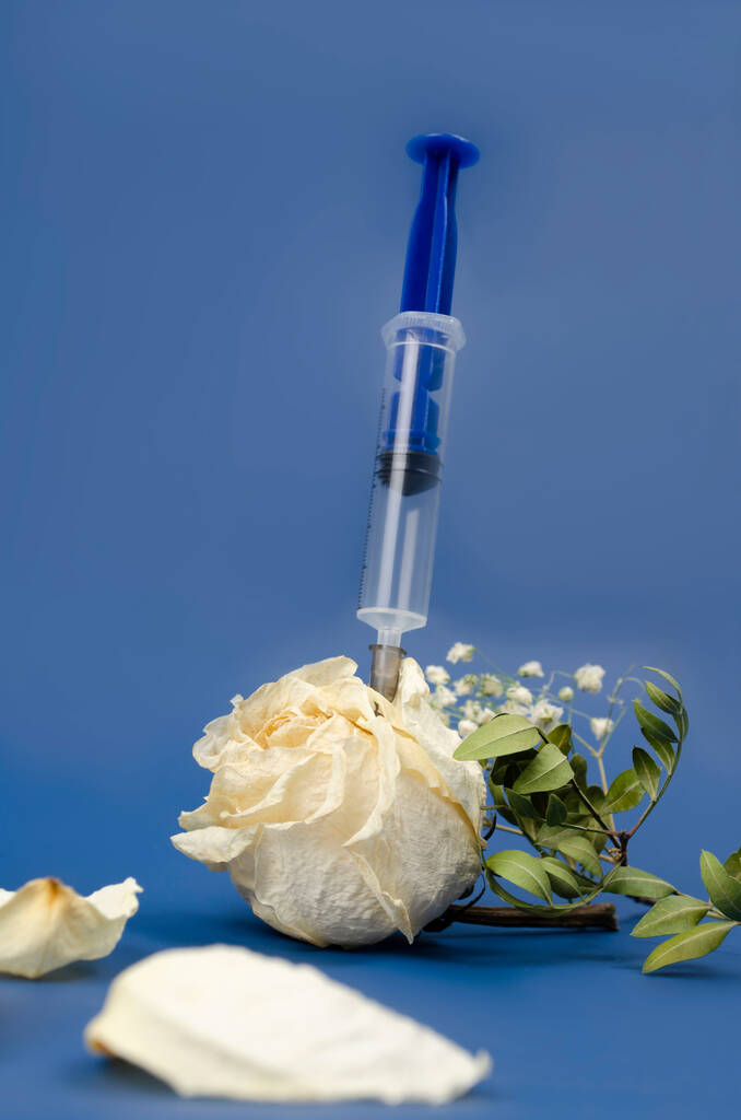 Η έννοια του θανάτου από ασθένεια ή εθισμό στα ναρκωτικά. Σύριγγα και αποξηραμένα άνθη - Φωτογραφία, εικόνα