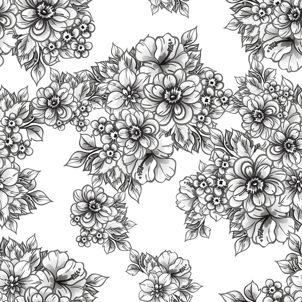シームレスなモノクロヴィンテージスタイルの花パターン - ベクター画像