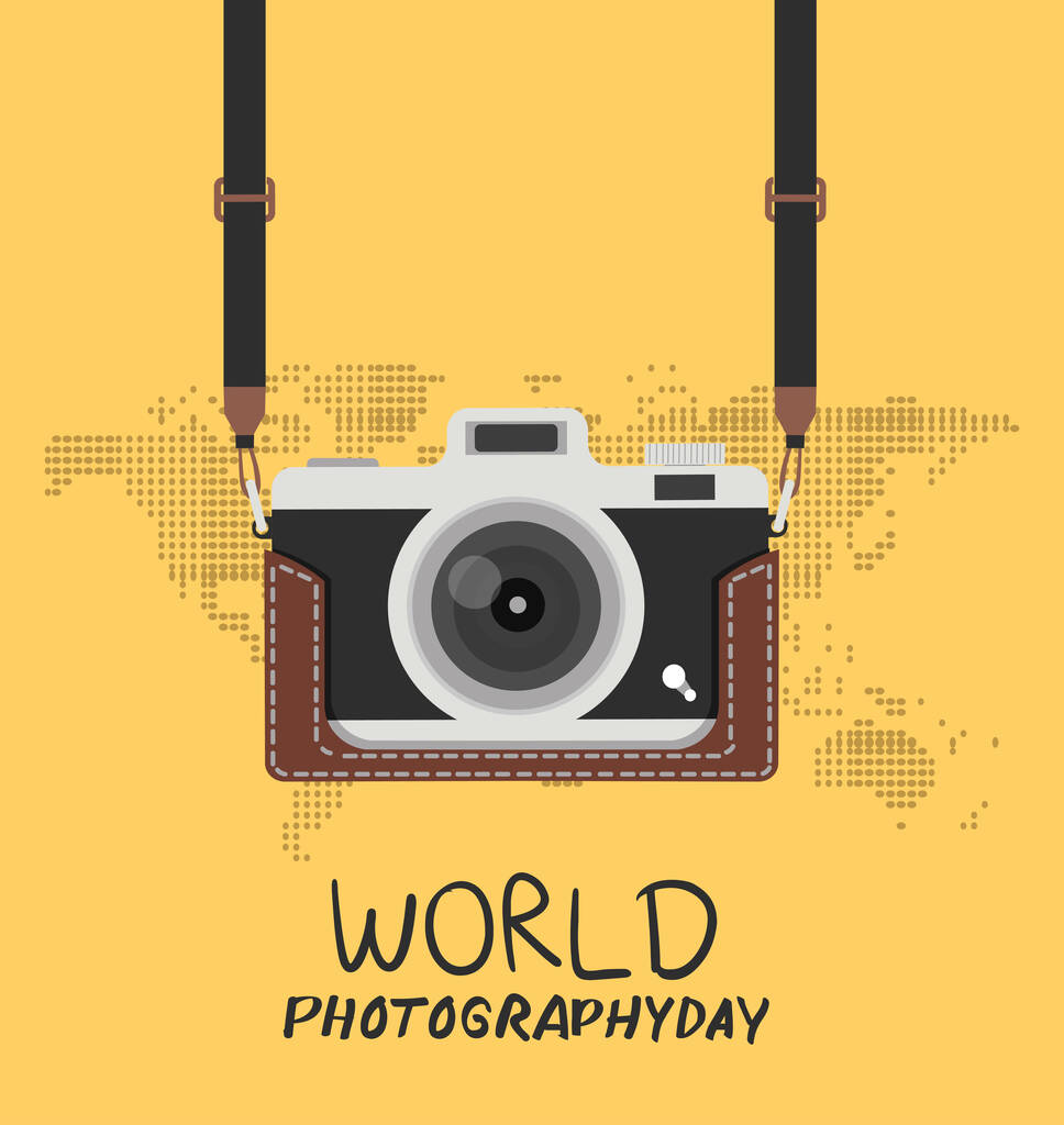 κρέμονται vintage κάμερα με υπόθεση παγκόσμια φωτογραφία - Διάνυσμα, εικόνα