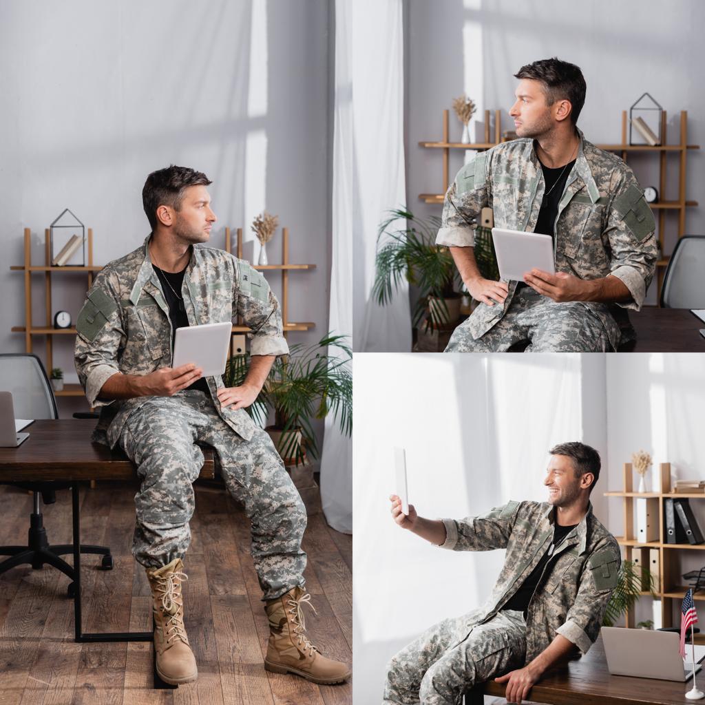 collage de l'homme militaire joyeux utilisant la tablette numérique et ayant appel vidéo dans le bureau - Photo, image
