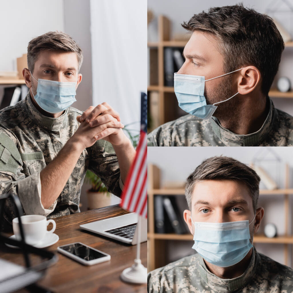 colagem de homem militar em máscara médica olhando para a câmera e sentado com as mãos apertadas perto de laptop na mesa  - Foto, Imagem