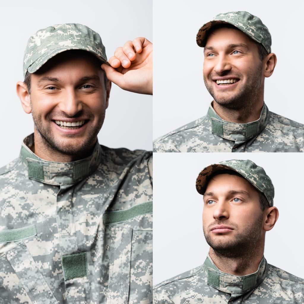 Collage eines glücklichen Militärmannes, der in die Kamera blickt und seine Mütze isoliert auf Weiß fixiert - Foto, Bild