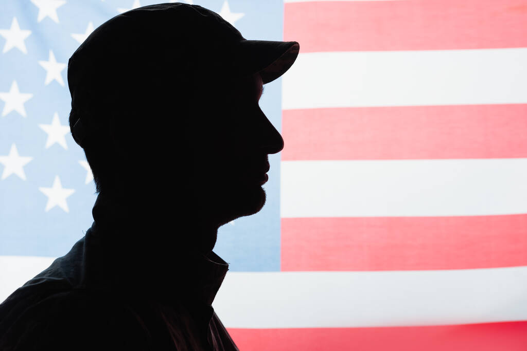 side view of patriotic military man in uniform and cap near american flag on background - Photo, Image