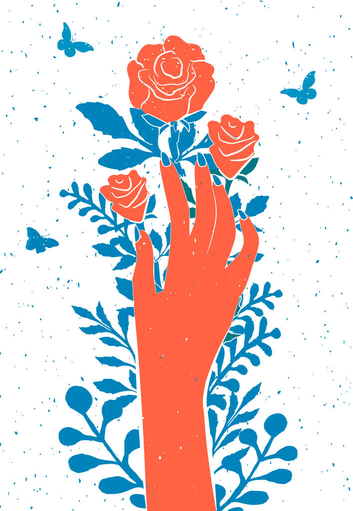 Illustrazione vettoriale di mano e cespuglio di rose. Il dito femminile che tocca spine di fiore di rosa affilate su gambo. Stile vintage disegnato a mano. - Vettoriali, immagini