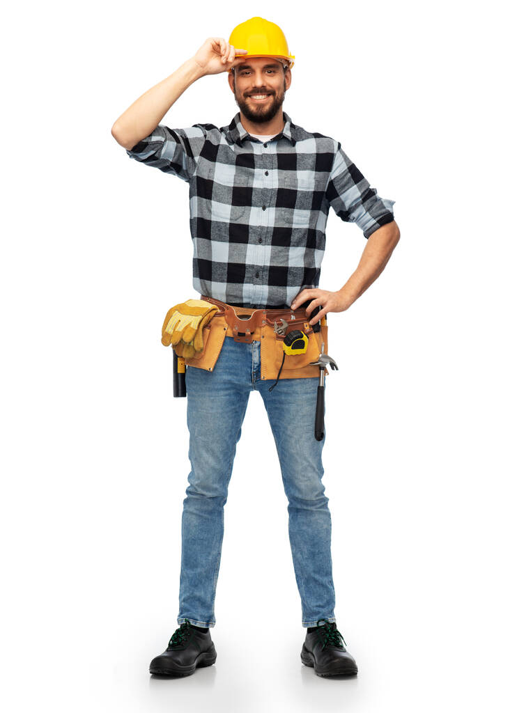 щасливий чоловік працівник або будівельник в шоломі
 - Фото, зображення