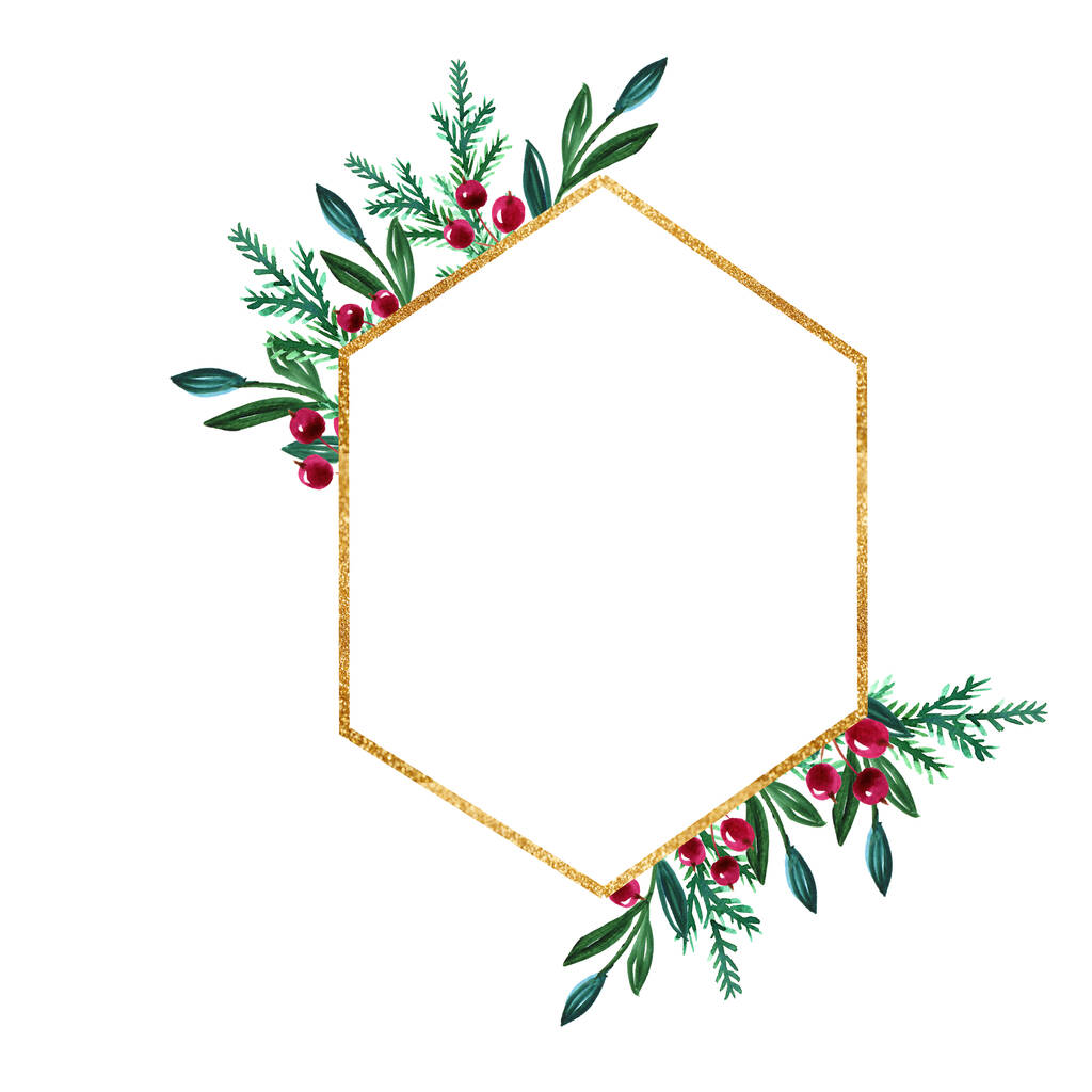 Couronne de Noël hiver aquarelle avec baies et cadre géométrique doré - Photo, image