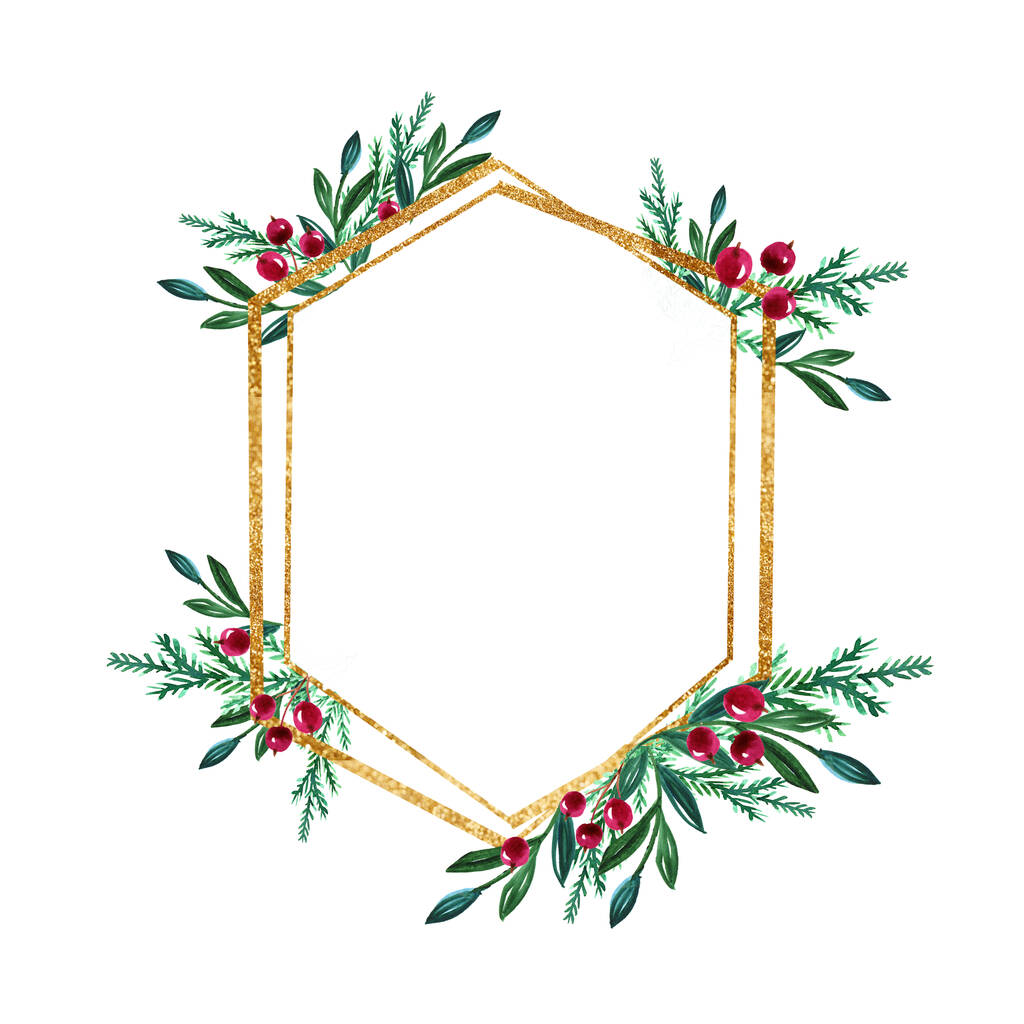 Aquarell Winter-Weihnachtskranz mit Beeren und goldenem geometrischem Rahmen - Foto, Bild