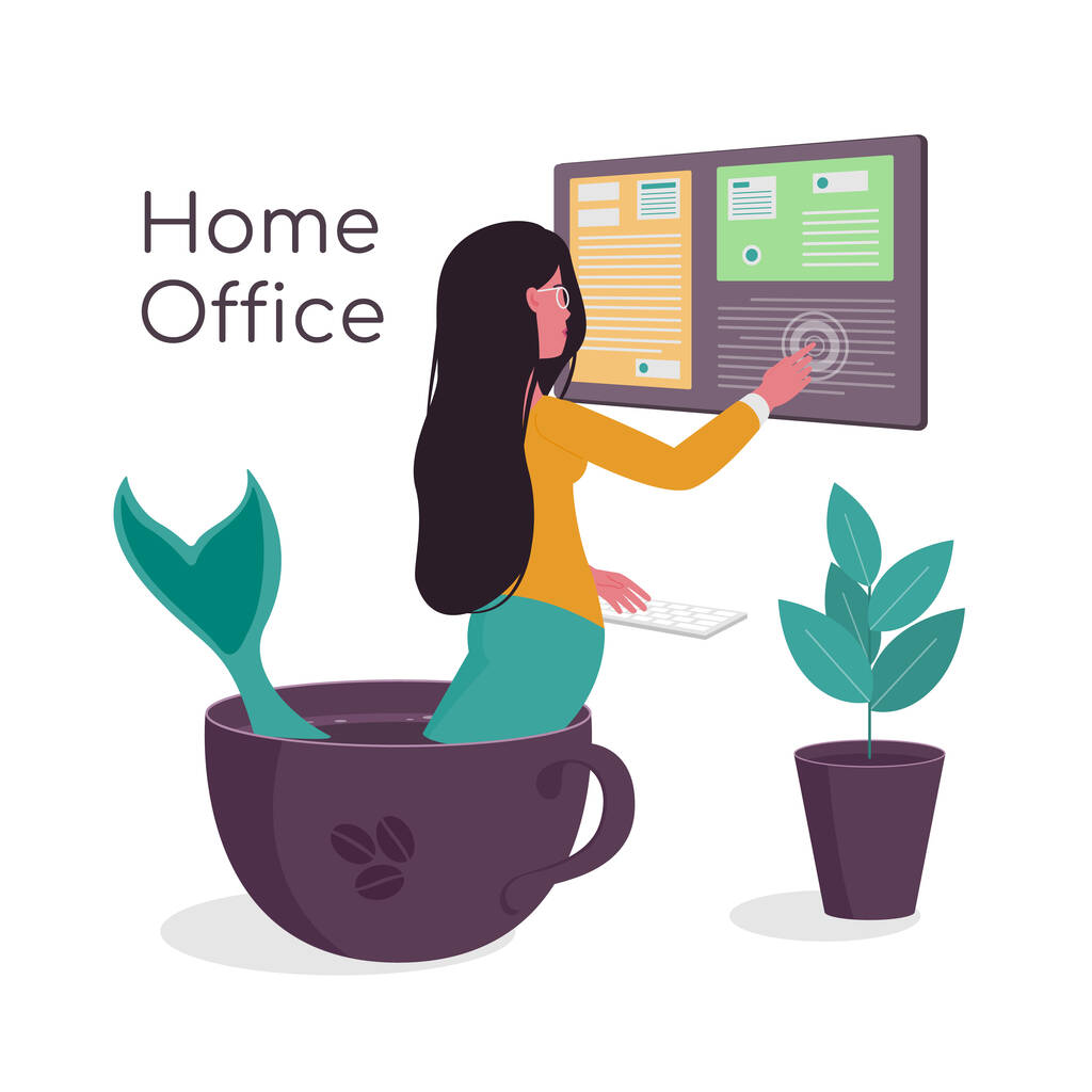 Het concept van een vrouw die thuis werkt op een computer die erg graag koffie drinkt. Vectorillustratie. - Vector, afbeelding