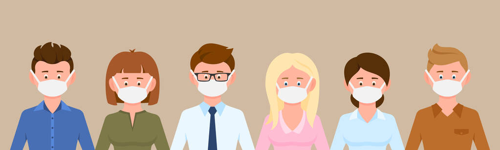 Personaggio dei cartoni animati uomo e donna che indossano maschere mediche che proteggono le malattie, set di illustrazione vettoriale influenzale. Gruppo di persone di sesso maschile e femminile che prevengono l'infezione da virus corona sfondo - Vettoriali, immagini