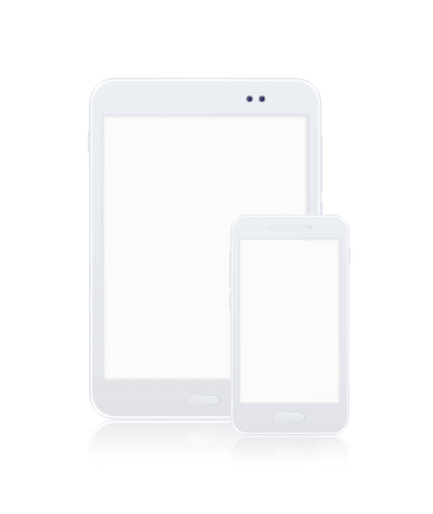 Realistické bílé tablety a bílý smartphone honit s prázdnou obrazovkou na bílém pozadí. Izolované vektorové prvky - Vektor, obrázek