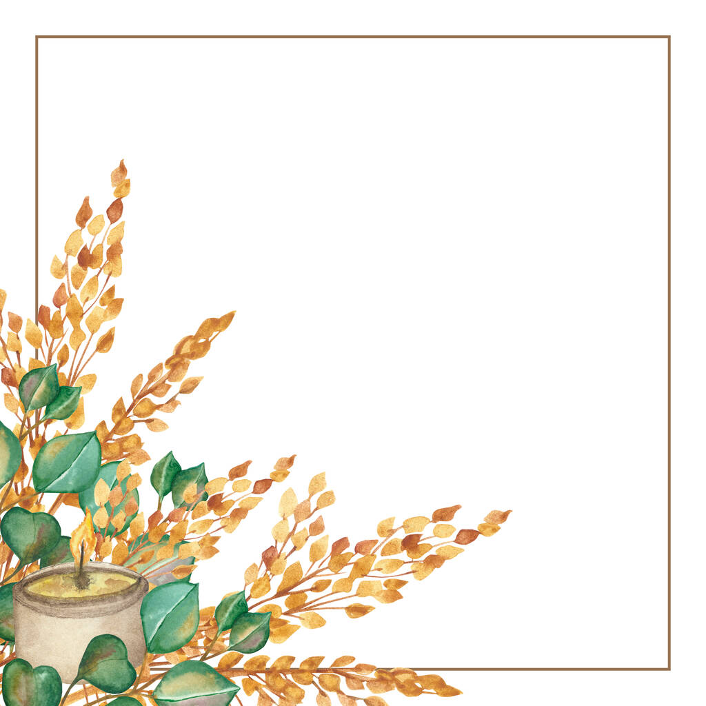 Watercolor hand painted nature border frame with green eucalyptus leaves, golden rye cereals branches and beige candle bouquet in corner for invitation and greeting card with the space for text - Photo, Image