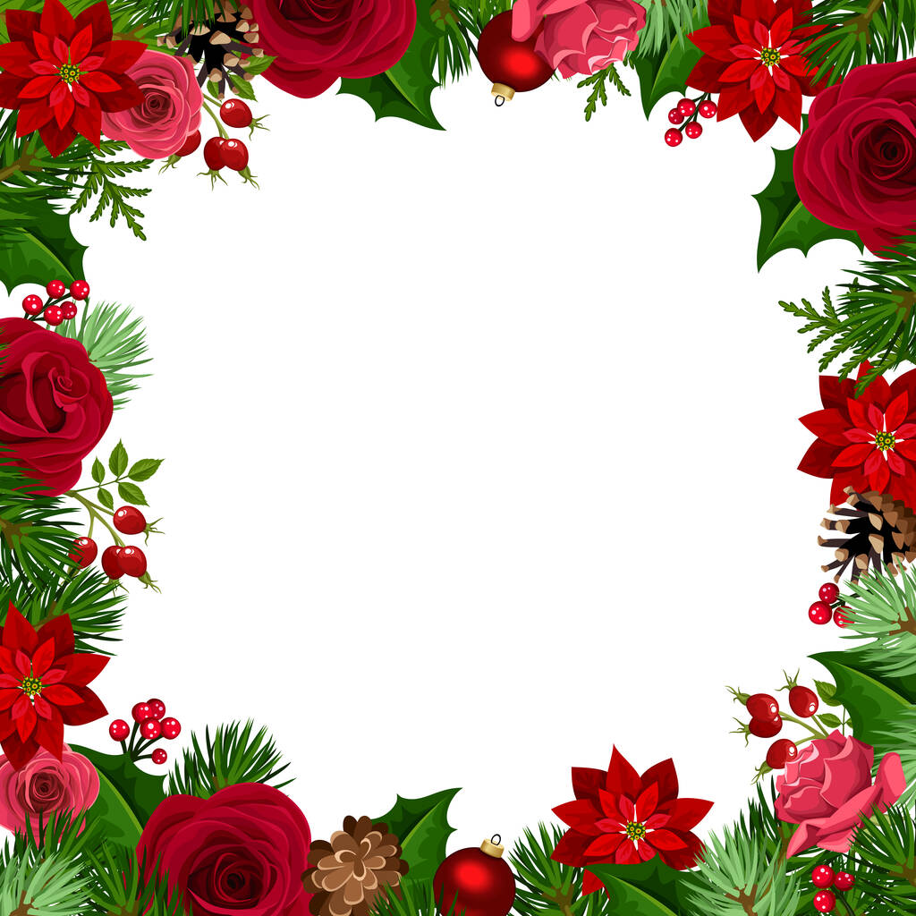 Marco de fondo de Navidad vectorial con rosas rojas y verdes, flores de poinsettia, bolas, acebo, conos y ramas de abeto. - Vector, Imagen
