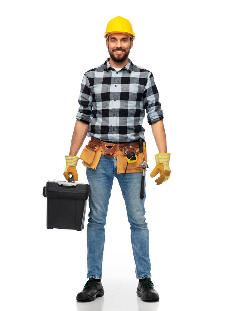 trabalhador feliz ou construtor no capacete com caixa de ferramentas - Foto, Imagem