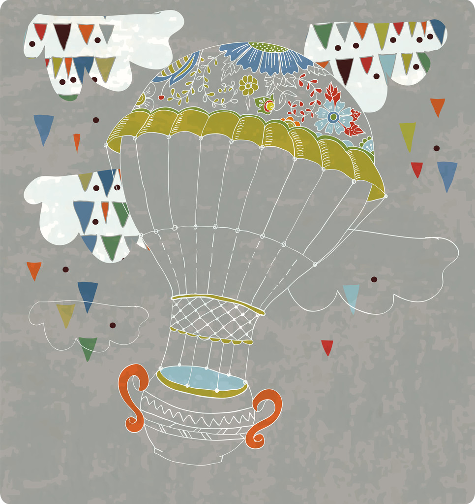 Hot Air Balloon in sky with tea cup and abstract clouds - Vector, Image