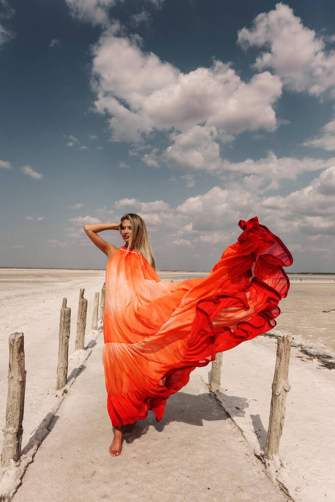 foto de moda al aire libre de la hermosa mujer sexy con el pelo rubio en vestido rojo de lujo posando en el lago de sal - Foto, Imagen