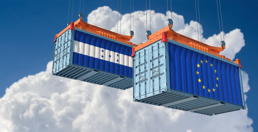 Nákladní kontejnery s vlajkou Evropské unie a Hondurasu. 3D vykreslování  - Fotografie, Obrázek