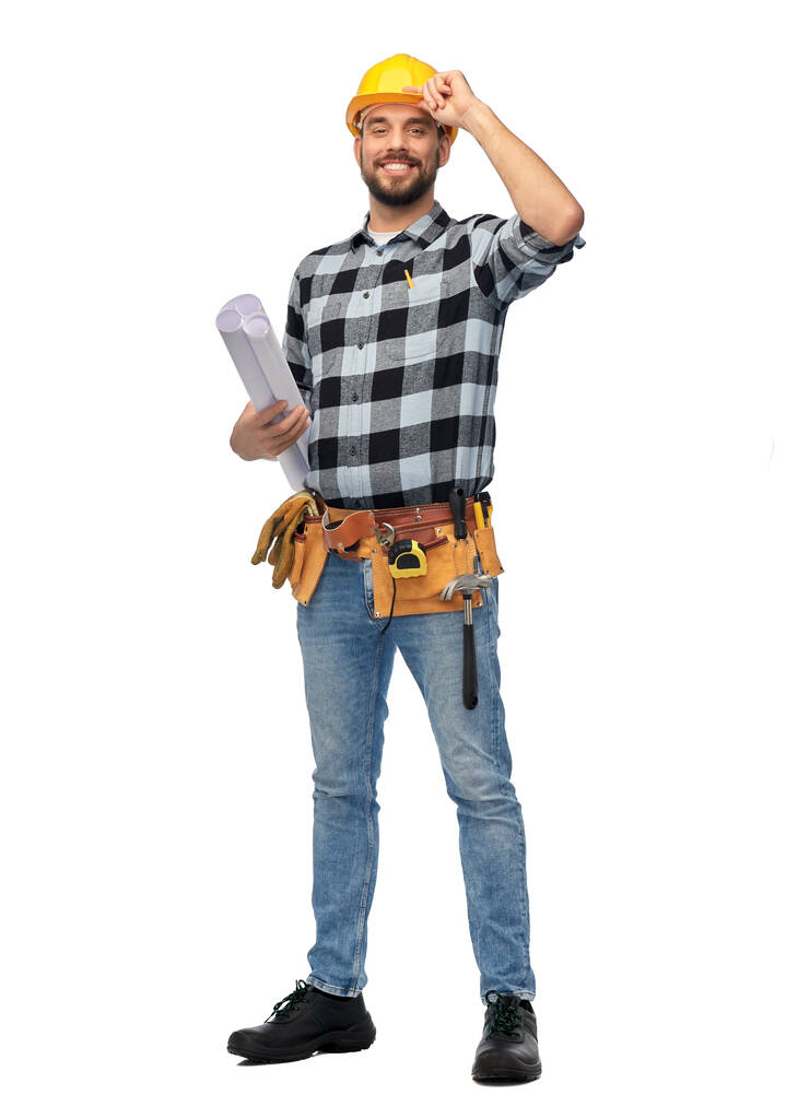 mannelijke werknemer of bouwer in helm met blauwdruk - Foto, afbeelding