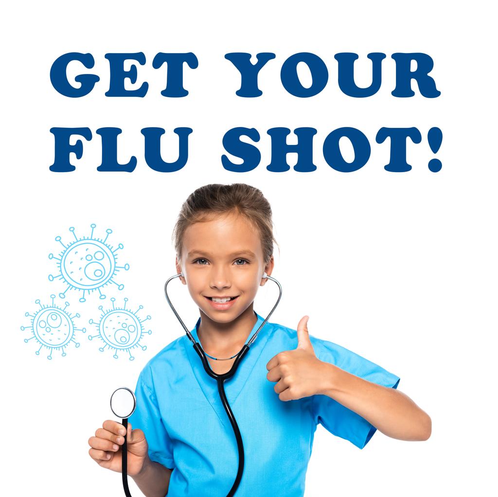 дитина в костюмі лікаря, який тримає стетоскоп, показуючи великий палець вгору поблизу, щоб отримати ваш грип малювання на білому
  - Фото, зображення