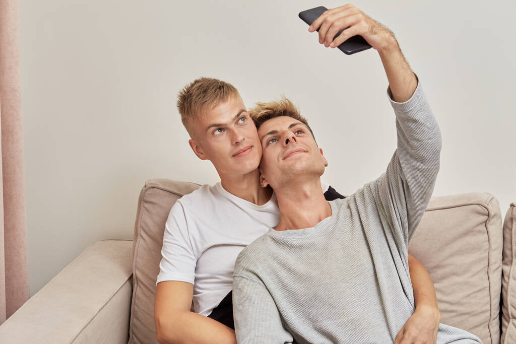 男性ゲイカップルブロガーは、スマートフォンとのビデオリンクを使用してオンライン通信します. - 写真・画像