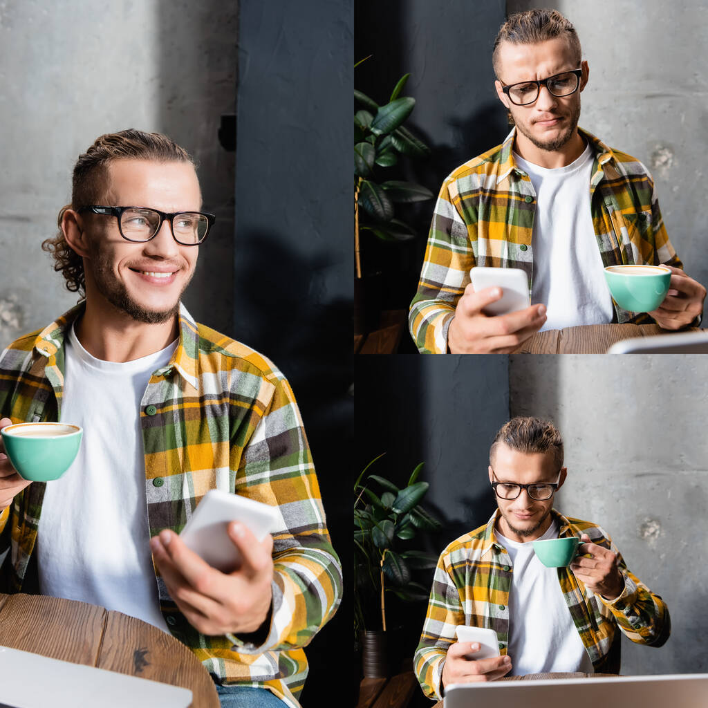 коллаж молодых, эмоциональных фрилансеров, отправляющих сообщения по мобильному телефону, держа чашку кофе в кафе, размытый передний план - Фото, изображение