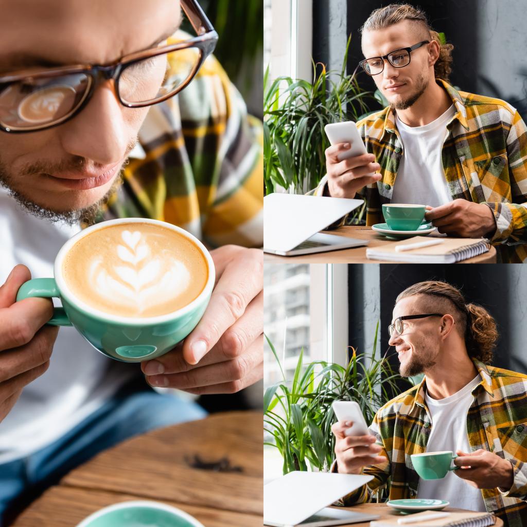 коллаж молодого фрилансера, держащего чашку кофе с латте-артом, улыбающегося и чатящегося на смартфоне возле ноутбука - Фото, изображение