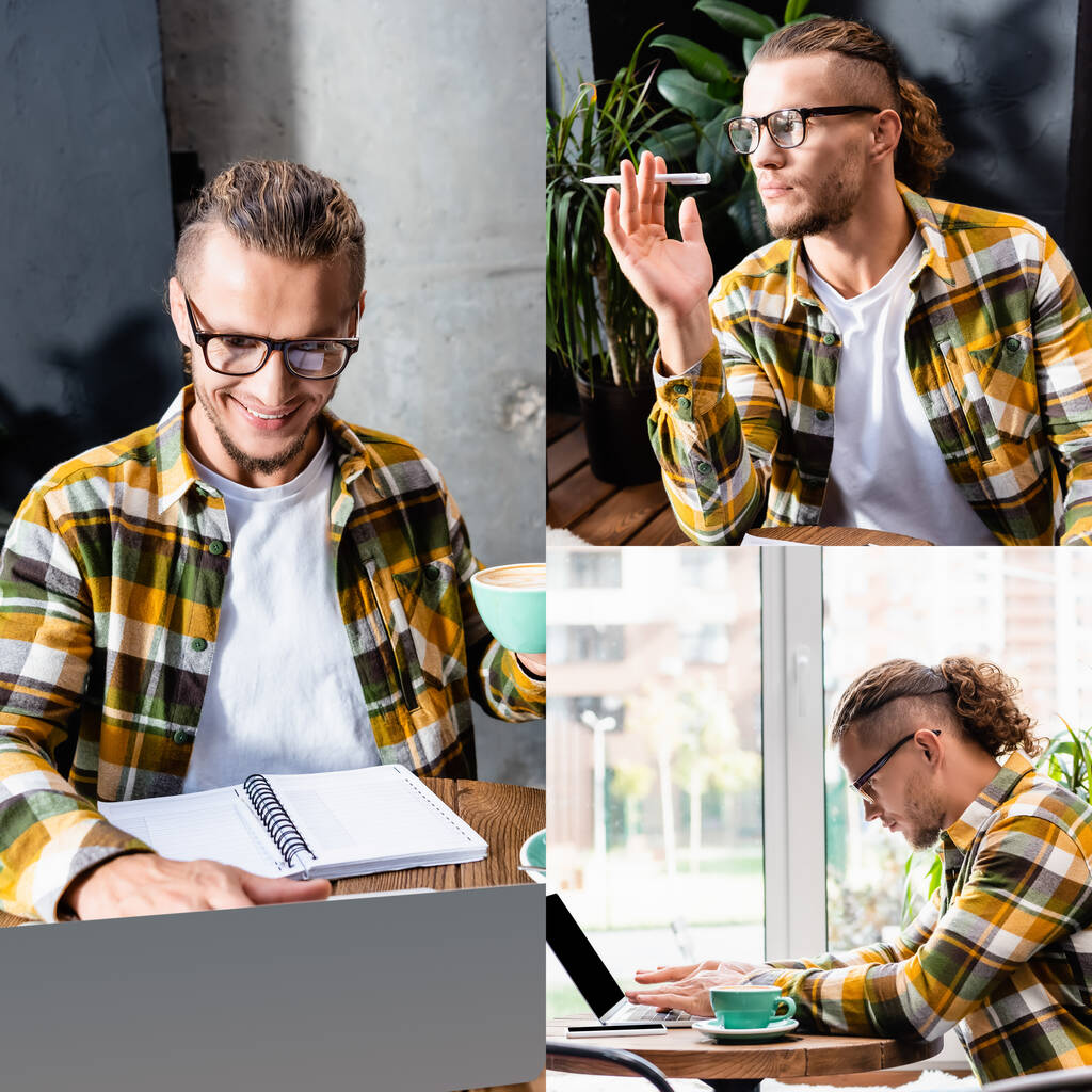 collage of stylish freelancer in eyeglasses and plaid shirt typing on laptop, holding pen, thinking and looking away in cafe - Photo, Image