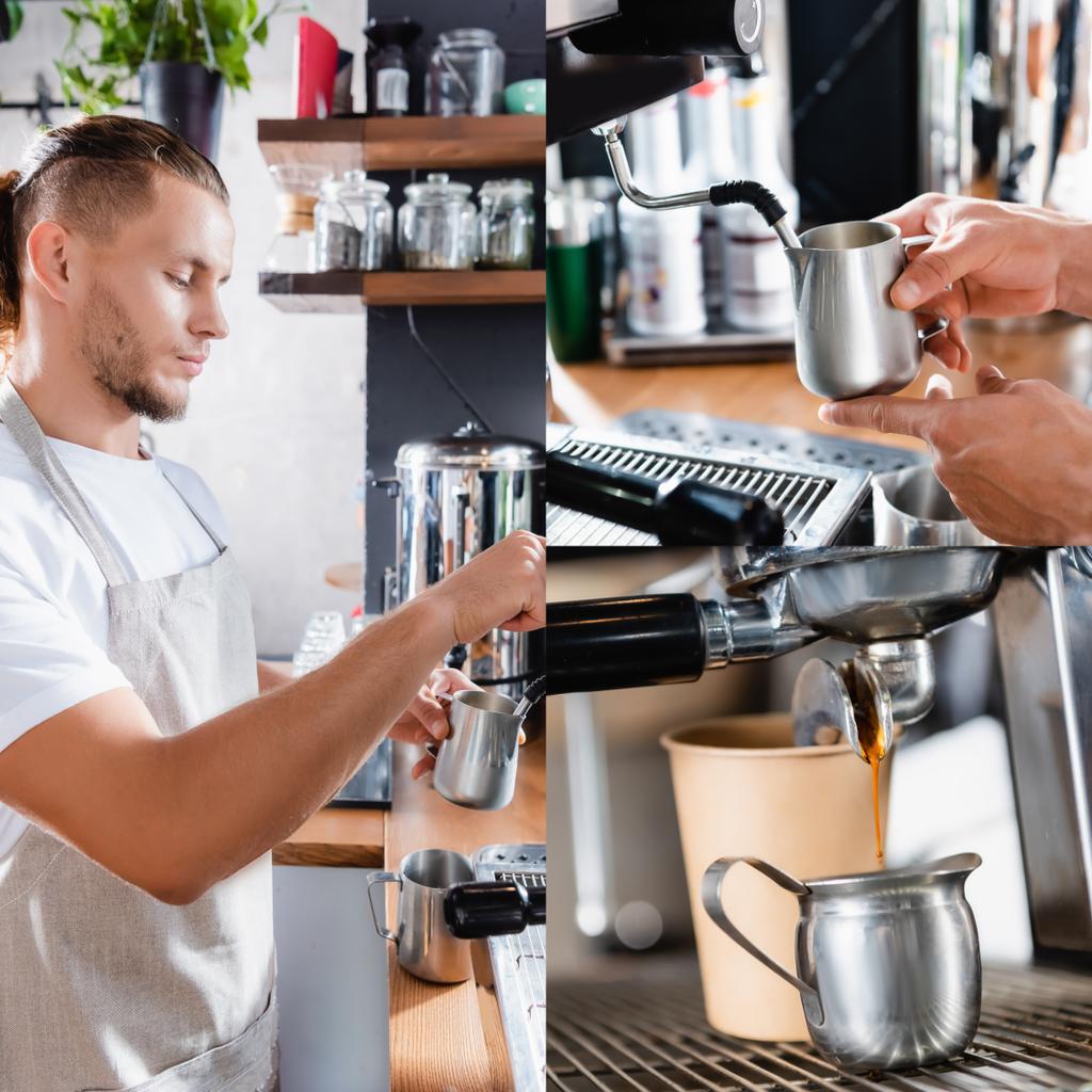 kolaż młodego baristy przygotowującego kawę, trzymającego kubek mleka w pobliżu parowozu, oraz kubek papierowy w pobliżu dozownika ekspres do kawy - Zdjęcie, obraz