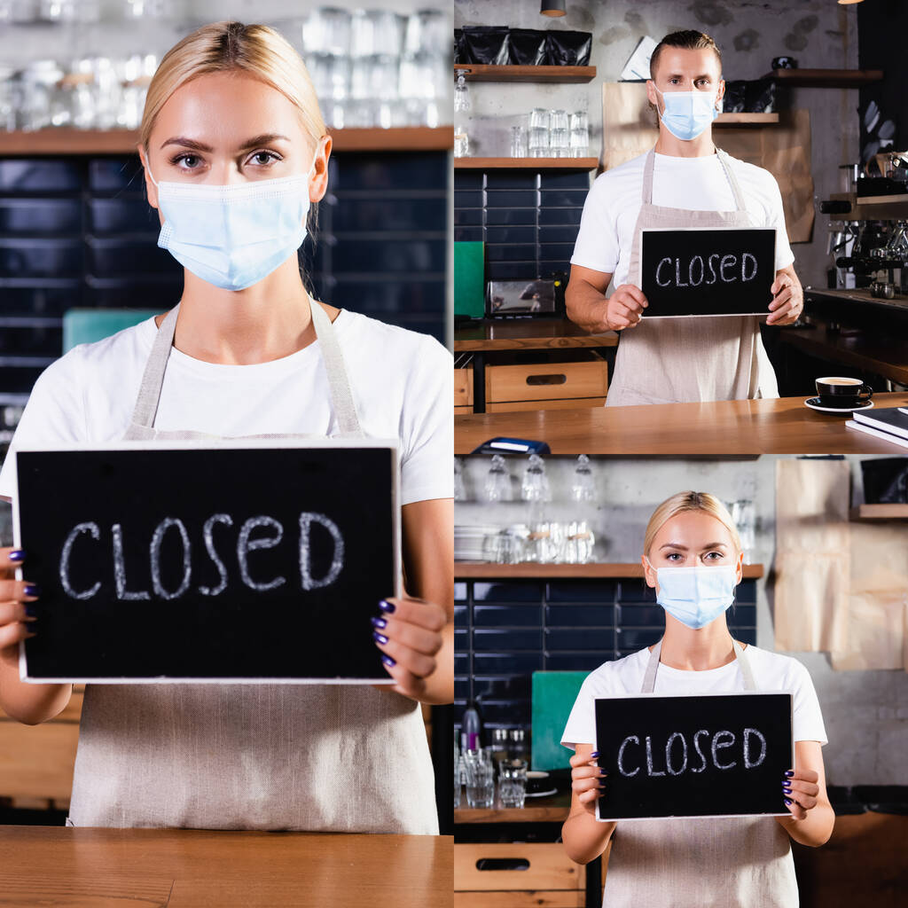 collage de jóvenes baristas en máscaras médicas con cartulina cerrada  - Foto, imagen