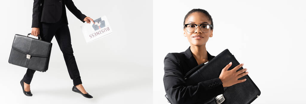 коллаж африканской американской предпринимательницы с чемоданом и деловой газетой на белом, баннер - Фото, изображение