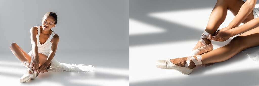 kolaż pełnej wdzięku afrykańskiej baletnicy w szpiczastych butach siedzącej na podłodze na białym tle, sztandar - Zdjęcie, obraz