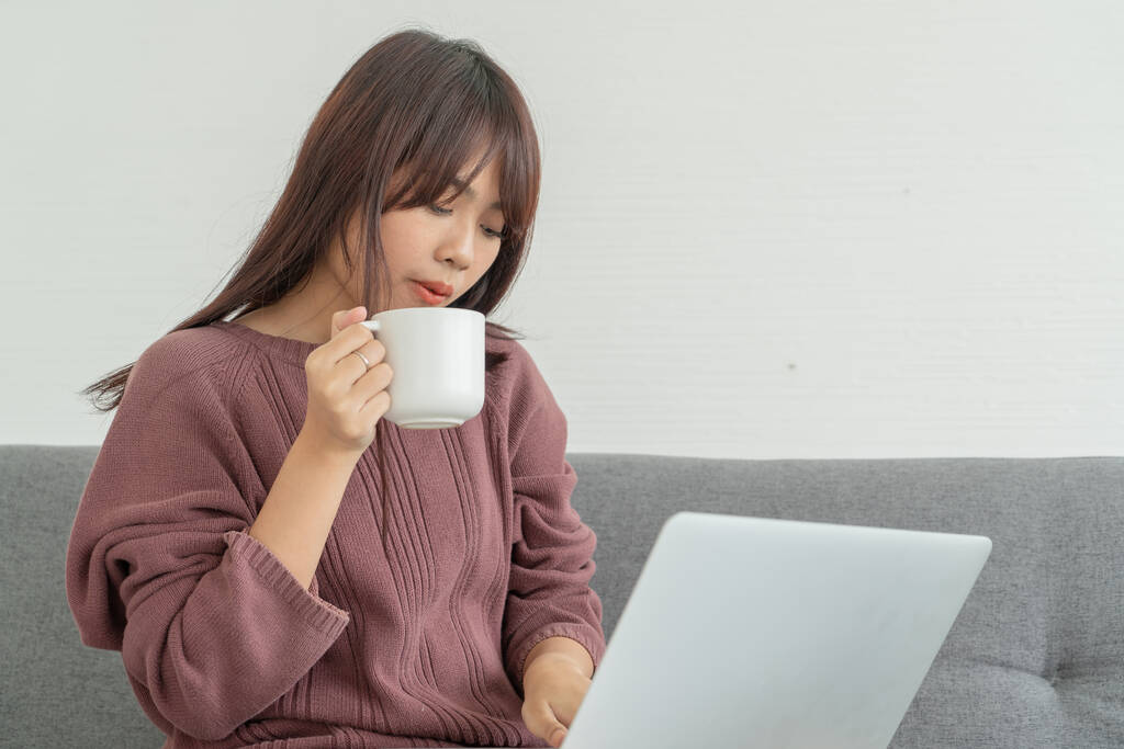 bella donna asiatica utilizzando il computer portatile sul divano in soggiorno - Foto, immagini
