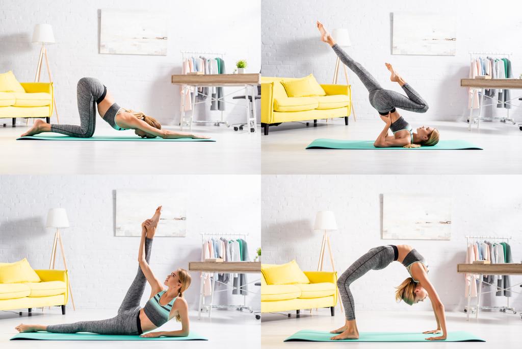 Collage de sportive blonde faisant des poses de yoga sur tapis de fitness  - Photo, image