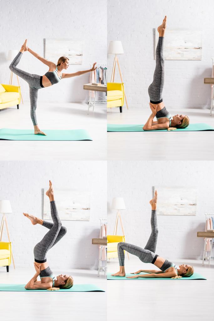 Collage di sportiva bionda che pratica yoga sul tappeto fitness  - Foto, immagini