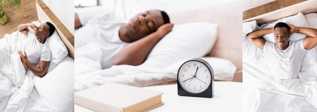 Collage di uomo afroamericano che dorme vicino all'orologio e sorride alla telecamera sul letto, striscione  - Foto, immagini