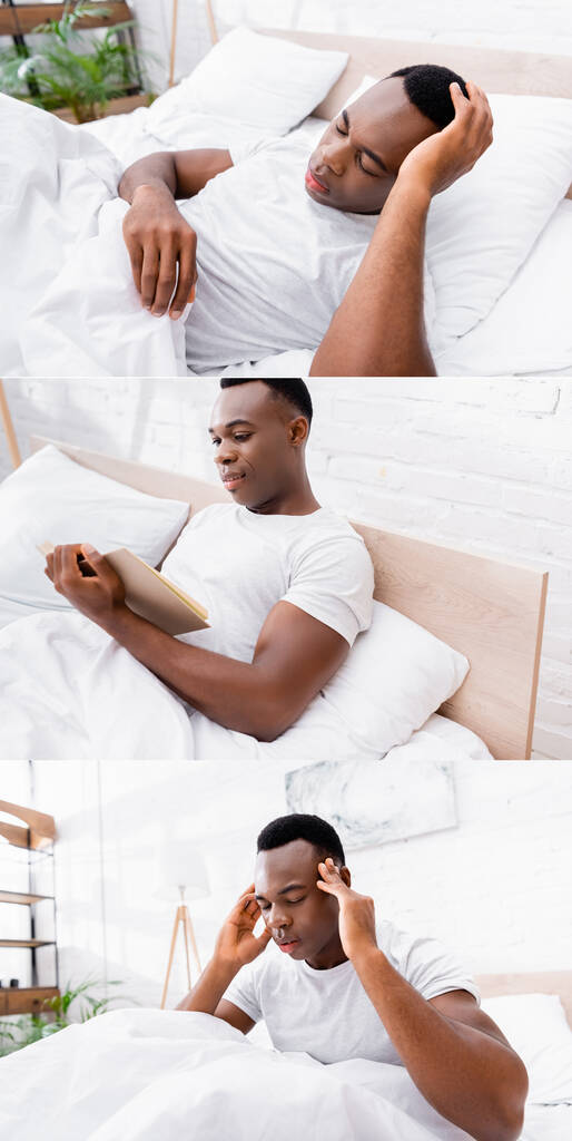 Collage of african american man reading book and suffering from headache on bed - Photo, Image