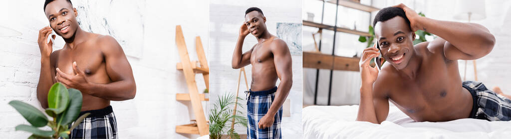 Collage eines hemdslosen afrikanisch-amerikanischen Mannes, der lächelt, während er auf dem Smartphone im Schlafzimmer spricht, Banner  - Foto, Bild